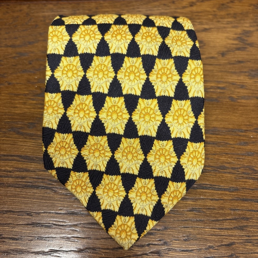 Classic Vtg GIANNI VERSACE Silk Tie Checkered Gold Baroque Sun Or Flower Motif